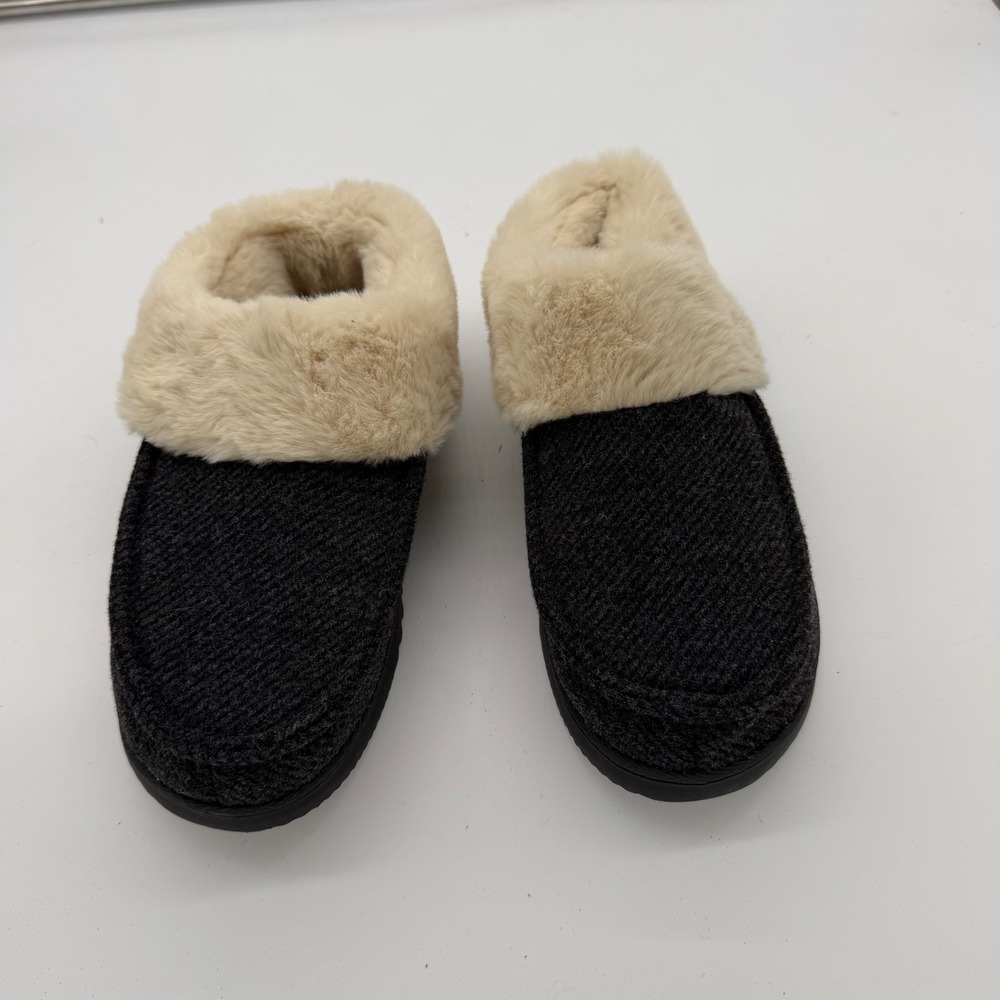 Dearfoams Womens Slippers Large 9-10 Charcoal Grey Faux Fur Knit Moc Toe Shoes
